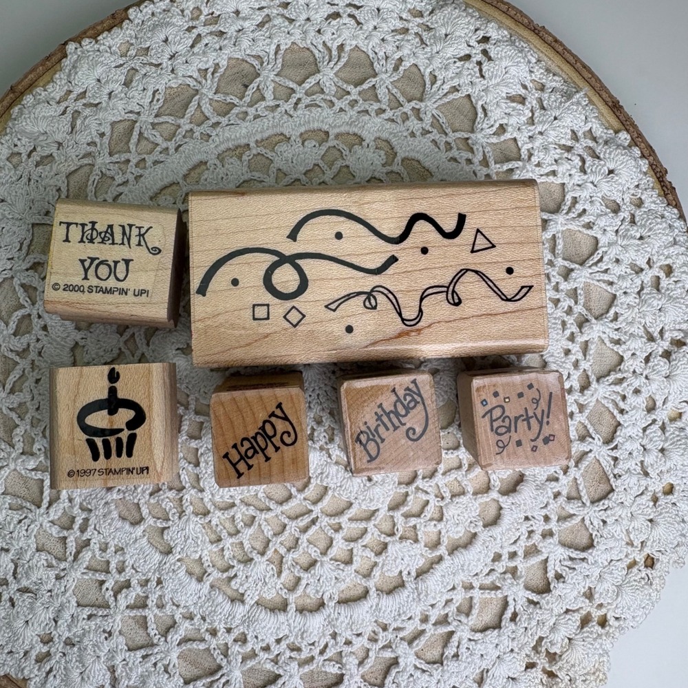6 Vintage Birthday Party Stamp Lot Rubber Stamps Wood Mounted Celebration